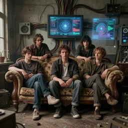 A group of people sitting on an old couch in an old room with dusty antique furniture all around, very detailed, cyberpunk wires and oled monitors on the walls, digital displays and holographic projections, ultrarealistic, dramatic lighting, electrical details, high details, 4k, 8k, best, accurate, trending on artstation, artstation, photorealism, ultrarealistic, digital painting, style of Caravaggio, Boris Vallejo