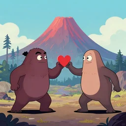 Two anthromorphic volcanoes fighting each other for the love of a third