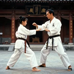 a 1 9 9 8 movie still, from a shallow master training a girl karate at a temple in china, 4 k resolution, 8 k resolution, 1 9 9 8 karate movie still