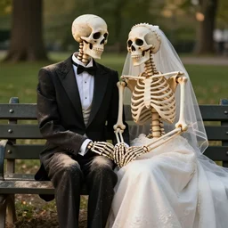front view portrait of romantic / two! skeleton! / wearing tuxedo and wedding dress sitting on a park bench, tenderly holding their hands, partially covered with dust, cinematic lighting, late afternoon, photorealistic image