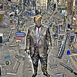 “Hyperrealistic photo of Donald Trump standing in Fifth Avenue with a gun, atmospheric lighting, award-winning crisp details”