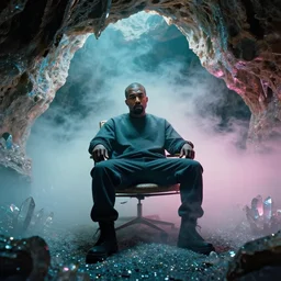 of kanye west as a man on chair, cave with crystals, glitter, volumetric light, foggy, smokey, moody, kodak photography, cyan and pink light. w 6 0 0