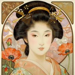 realistic detailed face portrait of a beautiful young geisha with poppies by alphonse mucha, ayami kojima, amano, greg hildebrandt, and mark brooks, art nouveau, neo - gothic, gothic
