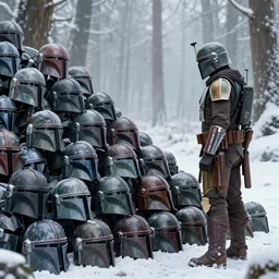 in a snowy forest, a mandalorian jango fett, is looking at a huge pile of mandalorian helmets piled up, concept art highly detailed, great cinematic lighting, octane render, 8 k, depth of field, 3 d, art by greg rutkowski, trending on artstation, cinematographic shot