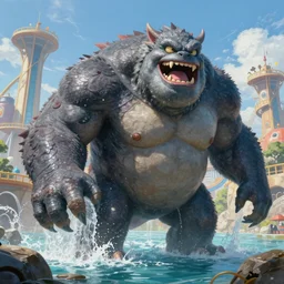 giant waterpark monster painting by brain froud, charles vess, cinematic lighting, epic composition, highly detailed
