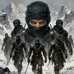 a epic norman rockwell painting close up face portrait group of ninja roaming through the winter mountains, gritty tech, deep focus, fantasy, intricate, elegant, highly detailed, digital painting, artstation, concept art, matte, sharp focus, illustration, dark fantasy style art, resident evil, art by artgerm and greg rutkowski and alphonse mucha