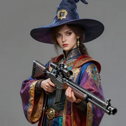 an anthropomorphic beautiful female scientist portrait holding a science fiction sniper rifle wearing colourful robe, fine art, award winning, intricate, elegant, sharp focus, octane render, hyperrealistic, wizard hat cinematic lighting, highly detailed, digital painting, 8 k concept art, art by jamie hewlett and z. w. gu, masterpiece, trending on artstation, 8 k