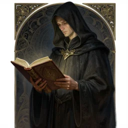 portrait of a tall, hooded figure wearing robes and holding a massive tome, fantasy magic, dark light night, intricate, elegant, sharp focus, illustration, highly detailed, digital painting, concept art, matte, art by wlop and artgerm and greg rutkowski and alphonse mucha, masterpiece