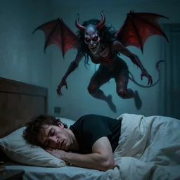 sleep paralysis demon floating over a terrified man