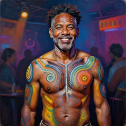 palette knife oil painting portrait of a eddie dreamtime, a middle aged, athletic, lean, aboriginal australian hipster, open shirt, body paint, psychedelic, dreamtime, nightclub background, smile, artstation trending, artgerm, any racial background, deviant art, hipster, octane, substance, art history 8 k