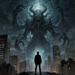 man is seeing old god eldritch horror cthulhu terrifying the night sky of a modern city with tall buildings, epic scene, hyper - detailed, gigantic cthulhu, photo - realistic wallpaper, dark art, oil paint