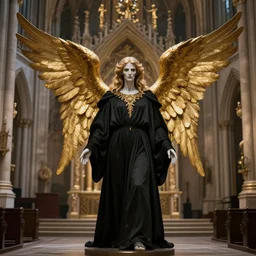 full length picture of the angel of death wearing black robe with gold wings in an elaborate cathedral, octane, 8k, ultra detailed, photorealistic + sigma 105mm f2.8 macro