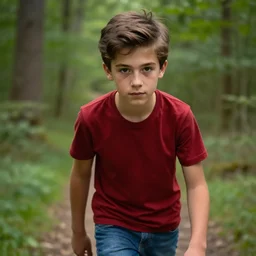 realistic eyes, detailed face, realistic photo, male teenager, portrait, brown hair, red shirt, blue jeans, walking in forest