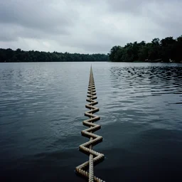 centered photograph of a infinitely long rope zig zagging snaking across the surface of the water into the distance, floating submerged rope stretching out towards the center of the lake, a dark lake on a cloudy day, color film, trees in the background, hyper - detailed photo, anamorphic lens