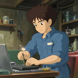 a wholesome anime key shot of an auto mechanic at work in the garage, medium shot, waist up, studio Ghibli, Pixar and Disney animation, sharp, Rendered in Unreal Engine 5, anime key art by Greg Rutkowski, Bloom, dramatic lighting