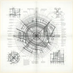 An artwork made from layers of technical drawings and architectural plans and blueprints very detailed and intricate with callout texts, leaders, arrows and bubbles