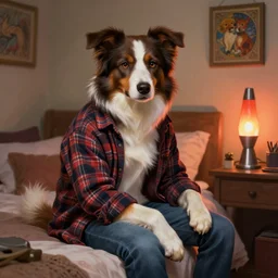 furry art of a anthropomorphic border collie fursona wearing a flannel shirt and jeans sitting in his bedroom, bed, desk, lava lamp, zootopia, deep focus, highly detailed, digital painting, artstation, concept art, matte, sharp focus, illustration, art by artgerm and greg rutkowski and alphonse mucha