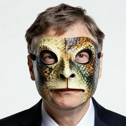 a portrait of bill gates wearing a very tight reptile skin mask on his entire face