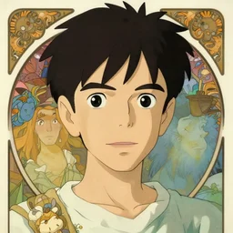 well - lit art nouveau portrait of a young man with short black hair, natural lighting, path traced, highly detailed, high quality, cartoon, digital painting, by don bluth and ross tran and studio ghibli and alphonse mucha