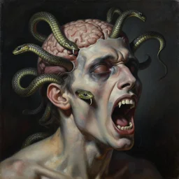 an oil on canvas painting of a screaming decapitated man's partially decomposing face with biting serpents swarming out of his exposed brain, a surrealist painting, polycount, surrealism, surrealist, lovecraftian, cosmic horror, high detail