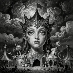 By Tom Bagshaw Boris Vallejo, ultra realist soft painting of a curiosities carnival by night, omnious sky, symmetry accurate features, very intricate details, black and white, volumetric light clouds