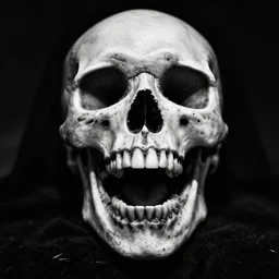 A laughing skull. Center, Close Up Shot, Dark Fantasy, Film Noir, Black and White. High Contrast, Mike Mignola, D&D, OSR