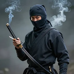 photo realistic ninja with a katana smoking cigarette ambient occlusion hyper realistic, 4 k