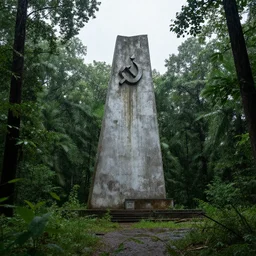 Abandoned soviet monument in a rainforest, overcast, long shot, Sigma 100mm
