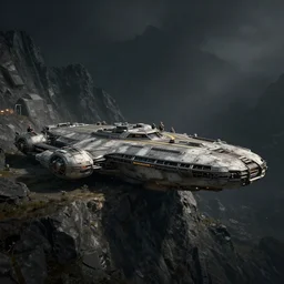 concept, Ralph macquarrie, Aaron mcbride, viktor antonov, cinematic shot, rugged dropship base in the side of dark mountains, landing pad, industrial building in background, dark background, half-life, dark smoke in distance, realism, medium details, blurry, 8k, ArtStation, unreal,