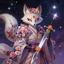 a painted avatar portrait of an awesome cosmic powerful kitsune fox mage being themed around death and the stars and the cosmos, covered in flowers, holding an enchanted dagger, in the style of dnd beyond avatar portraits, beautiful, artistic, elegant, lens flare, magical, lens flare, nature, realism, stylized, art by jeff easley