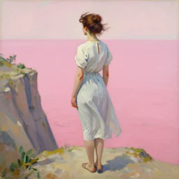 an attractive female standing on a cliff, looking out at a pink ocean, by jc leyendecker!! phil hale!, angular, brush strokes, painterly, vintage, crisp