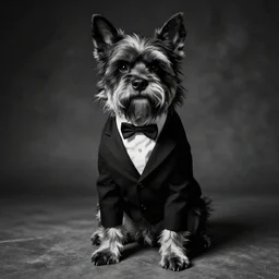 a monster dog in a suit, nightmare, black and white