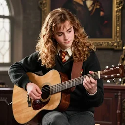 Hermione Granger/Emma Watson wearing a black sweater, playing a guitar, in the Gryffindor common room, portrait photo by John Constable