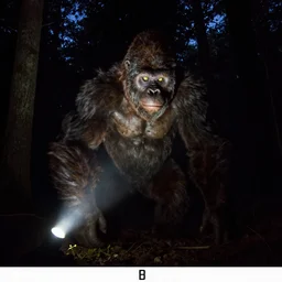 trail camera photograph of a bigfoot at night in the forest. obscurity. darkness!!!. flash light. glowing yellow eyes. giant ape. motion blur. dim light. secret