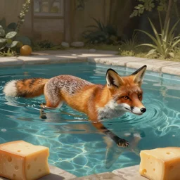 fox animal swimming in a pool of cheese, famous painting