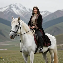 full body shot of a beautiful young kurdish woman riding a beautiful white horse in the kurdish mountains art by martin ansin, highly detailed, 8 k, high resolution, award winning art, incredibly intricate, beautiful and symmetrical face