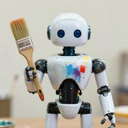 a photograph of a robot holding a paintbrush, paint splatters everywhere, it looks in the camera, 50mm