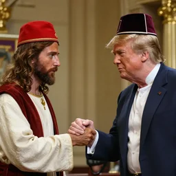 jesus christ of nazareth, wearing a maga hat, shaking donald trumps hand