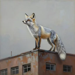 silver fox, dreaming on top of a building in chernobyl, oil painting, matte painting - n 4