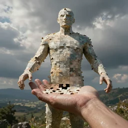 I am in a dream, My body looks like a puzzle, My hands and my arms are bigger, Surreal style