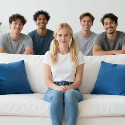 white woman with blond pigtails sitting on a white couch with blue pillows. behind the couch is 5 men smiling.