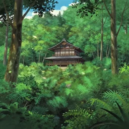 forest landscape with a singular building in the style of kyoto animation