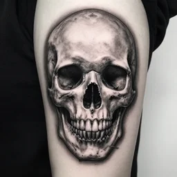 a tattoo design of a creative skull, in the style of den yakovlev, hyper realistic, black and white, realism, highly detailed