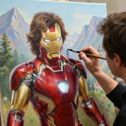 a closeup photorealistic photograph of bob ross diligently finishing a canvas painting depicting iron man. mountains and trees. film still. brightly lit scene. this 4 k hd image is trending on artstation, featured on behance, well - rendered, extra crisp, features intricate detail, epic composition and the style of unreal engine.