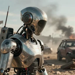 VFX movie of a futuristic robot closeup in war zone, natural lighting by Emmanuel Lubezki