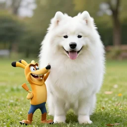 crash bandicoot, but as a white samoyed dog