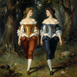 portrait of two gorgeous captivating latvian belarusian finnish norwegian swedish glamour models wearing 1 7 th century french off - the - shoulder neckline bodice walking in a forest, jodhpurs greg manchess painting by sargent and leyendecker, studio ghibli, fantasy medium shot asymmetrical intricate elegant illustration hearthstone by greg rutkowski by greg tocchini by james gilleard