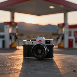 A gas station in Nevada, sunset time, realistic photograph, bokeh, taken with a Leica camera, shallow depth of field