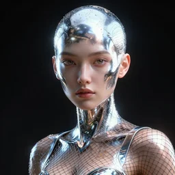 space girl, 8 k uhd, unreal engine, reflected chrome, octane render in the artstyle of greg rutkowski tom bagshaw, unreal engine 5, highly detailed face, true anatomy!, extremely detailed!, fishnets, dystopian, details visible, octane render