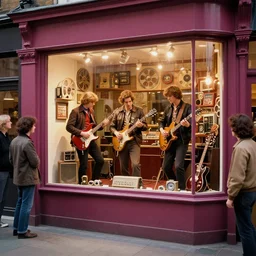 35 mm film, Rock band playing in the vintage store window of the 60s, vintage showcase of the 60s, people stop looking at that showcase of the 60s, London comercial street of the 60s, by Alexander Jasson, CGI, Render, photorealistic, Unreal engine 5 --W 1024